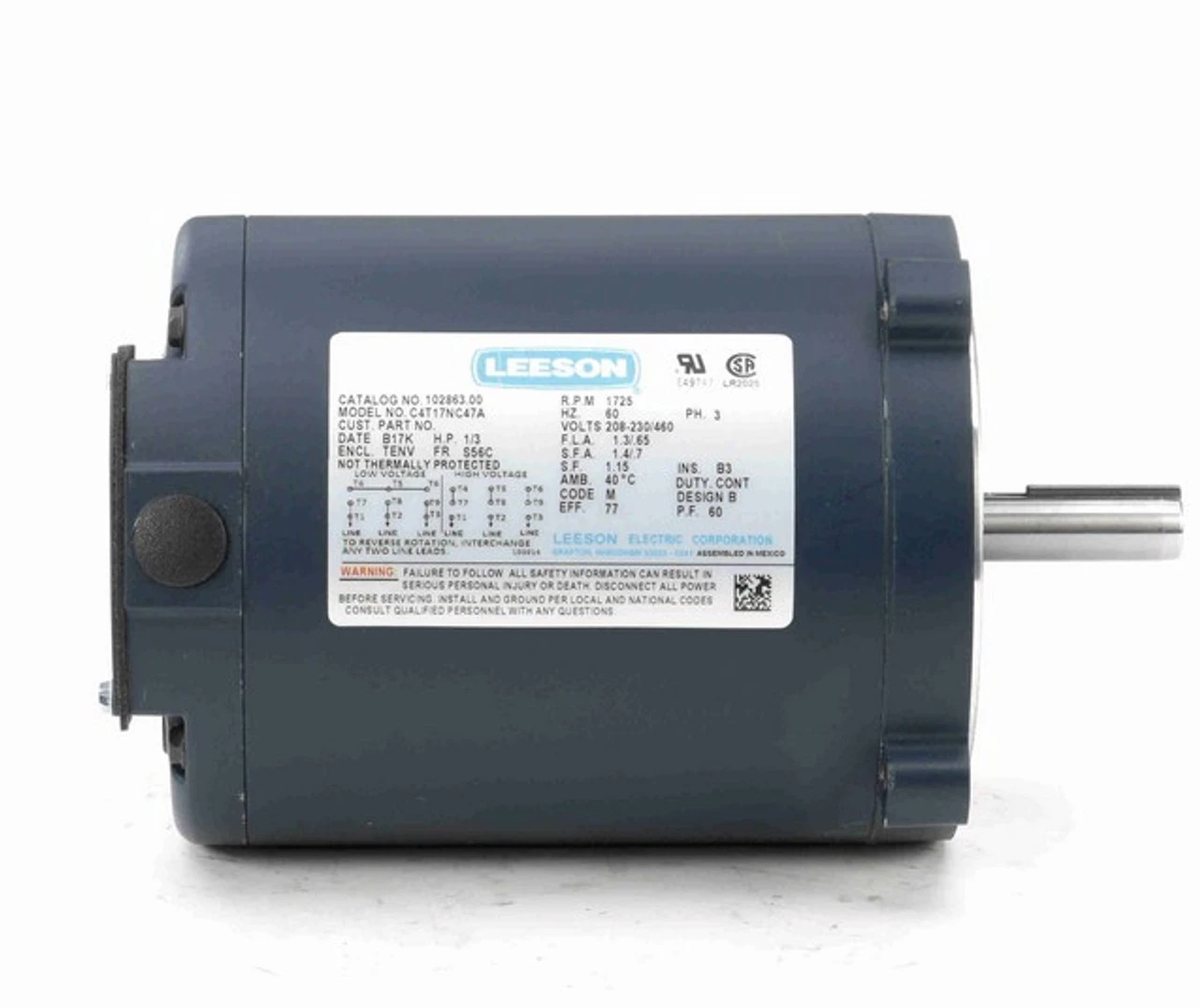 102863.00 Leeson 1/3 Hp 1800 RPM 208-230/460V 56C Frame TENV C-Face (No Base) 3-Phase Motor - Image 3