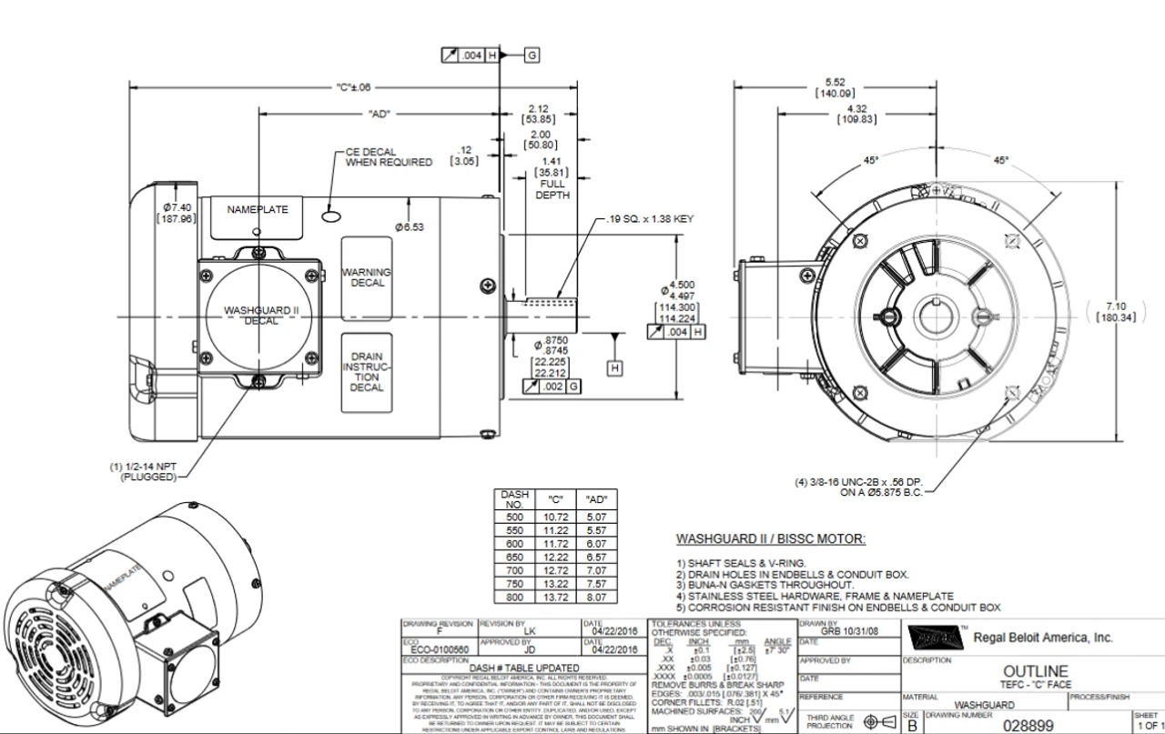 122200.00 Leeson Washguard 2 Hp 1800 RPM 208-230/460V 3-Phase 145TC Frame TEFC (no Base) Motor - Image 3