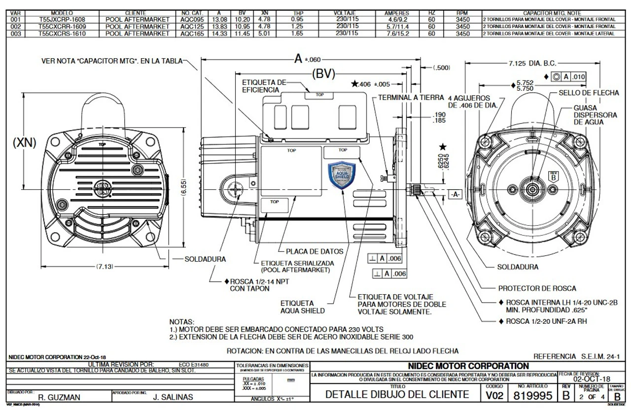 AQC125 US Motors 1 Hp 3450 RPM 48Y 115/230V Pool Pump Motor
