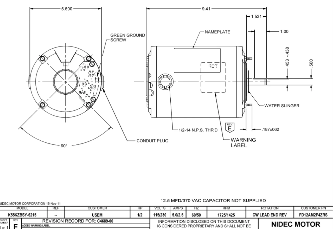 FD12AM2P4ZRS Nidec 1/2 HP 1800 RPM ( 1 Speed) 115/230V 48YZ Frame TEAO Farm Hatcher Motor - Image 2