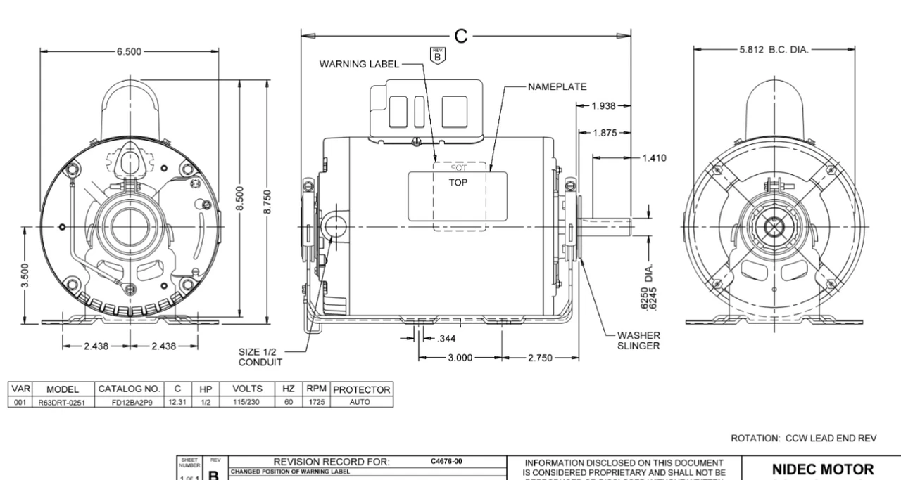 FD12BA2P9 Nidec 1/2 HP 1800 RPM ( 1 Speed) 115/230V 56 Frame TEAO Farm Fan Motor - Image 2