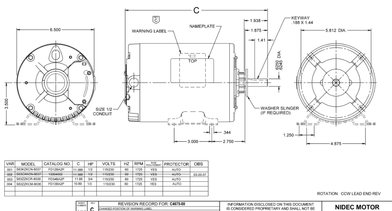 FD12BA2P Nidec 1/2 HP 1800 RPM ( 1 Speed) 115/230V 56 Frame TEAO Farm Fan Motor - Image 2