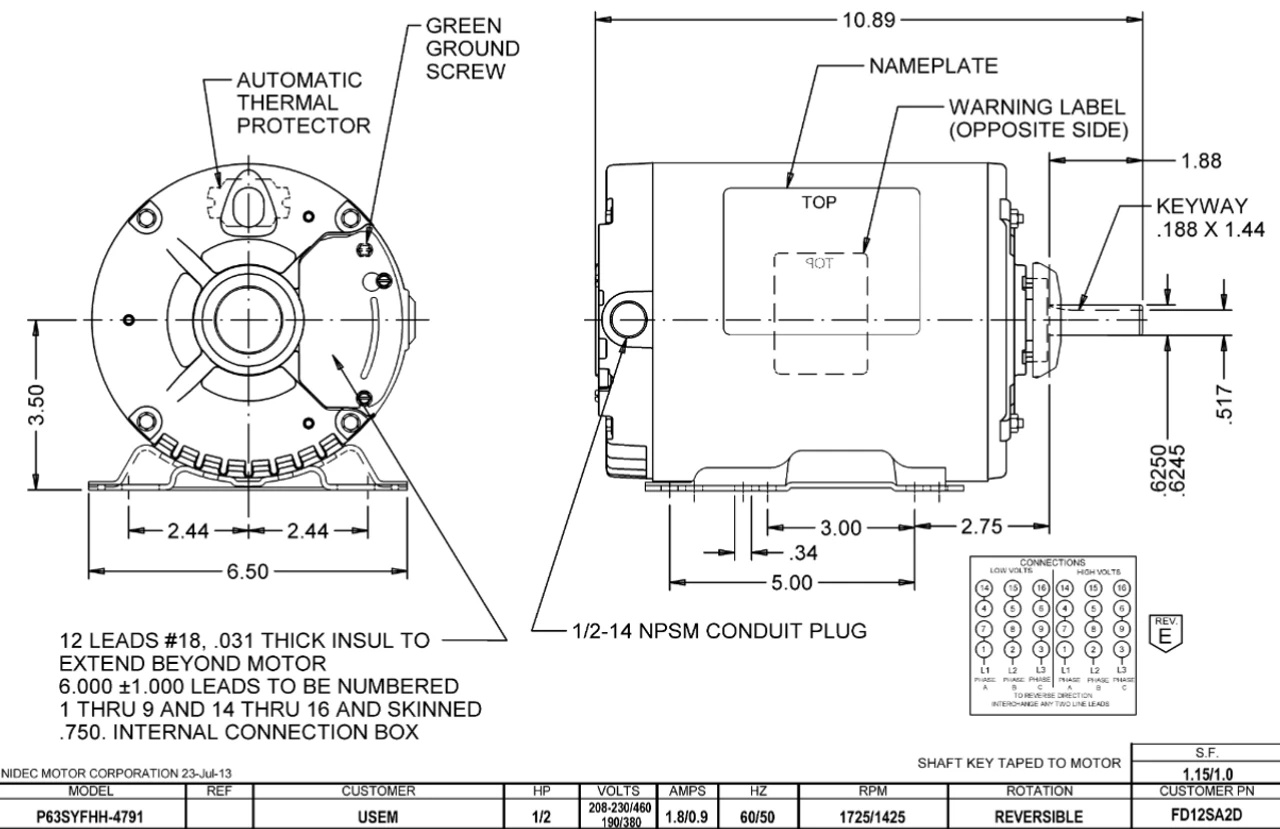FD12SA2D Nidec 1/2 HP 1800 RPM ( 1 Speed, 3-Phase) 115/230V 56H Frame TEAO Farm Fan Motor - Image 2
