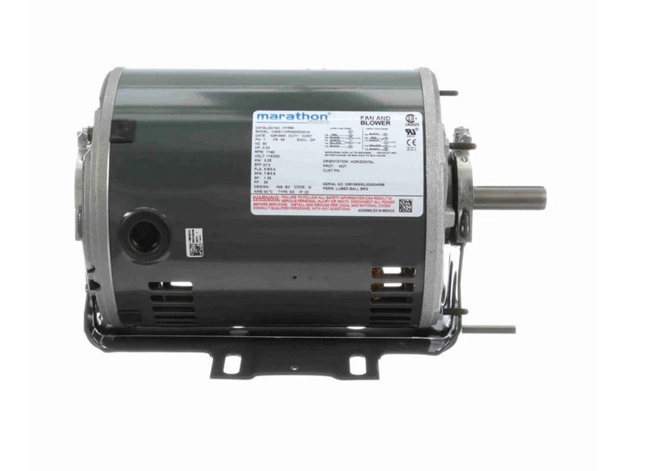 H168A Marathon 1/3 Hp (1 Speed) 115/230V 1200 RPM ODP 56 Frame Resilient Base Blower Motor - Image 3
