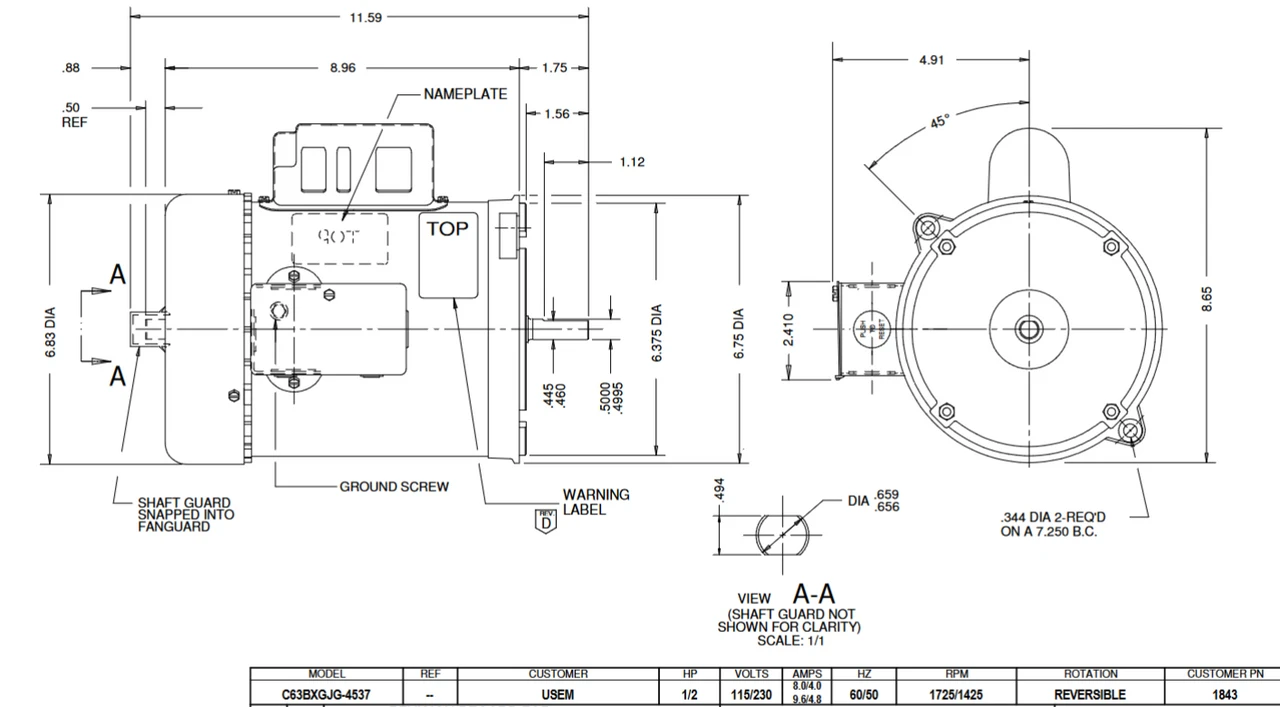 1843 Nidec 1/2 HP 1800 RPM ( 1 Speed) 115/230V 56YZ Frame TEFC Auger Motor - Image 2
