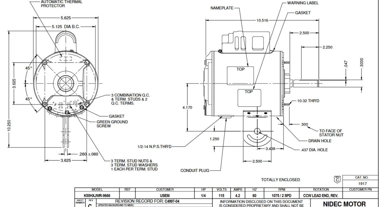 1917 Nidec 1/4 HP 1075 RPM ( 2 Speed) 115V 48YZ Frame (Yoke) TEAO Poultry Fan Motor - Image 2