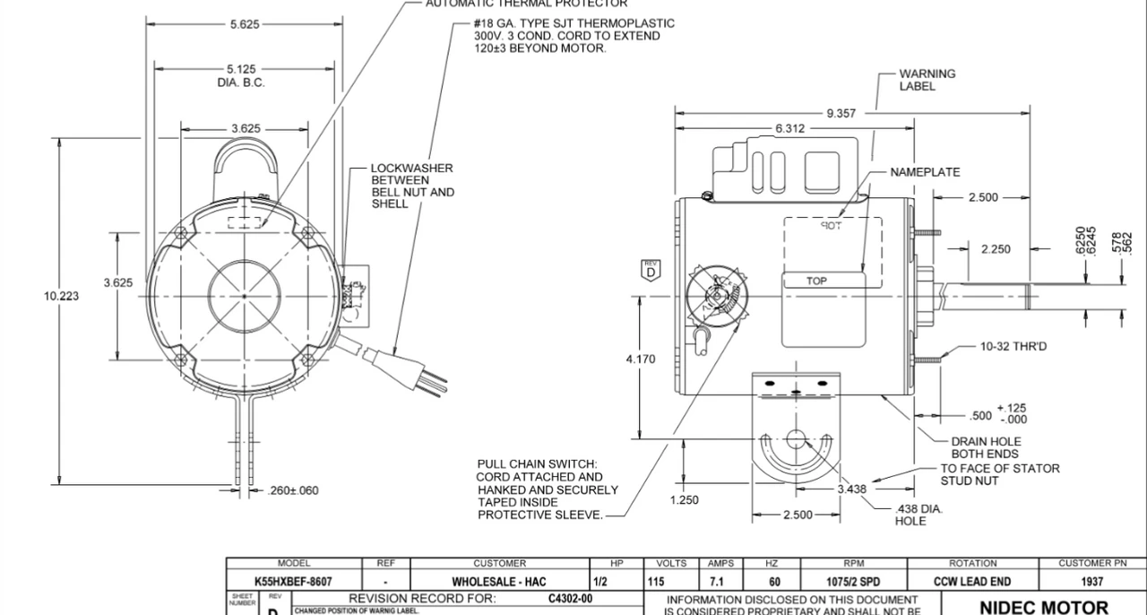 1937 Nidec 1/2 HP 1075 RPM ( 2 Speed) 115V 48YZ Frame (Yoke) TEAO Poultry Fan Motor - Image 2