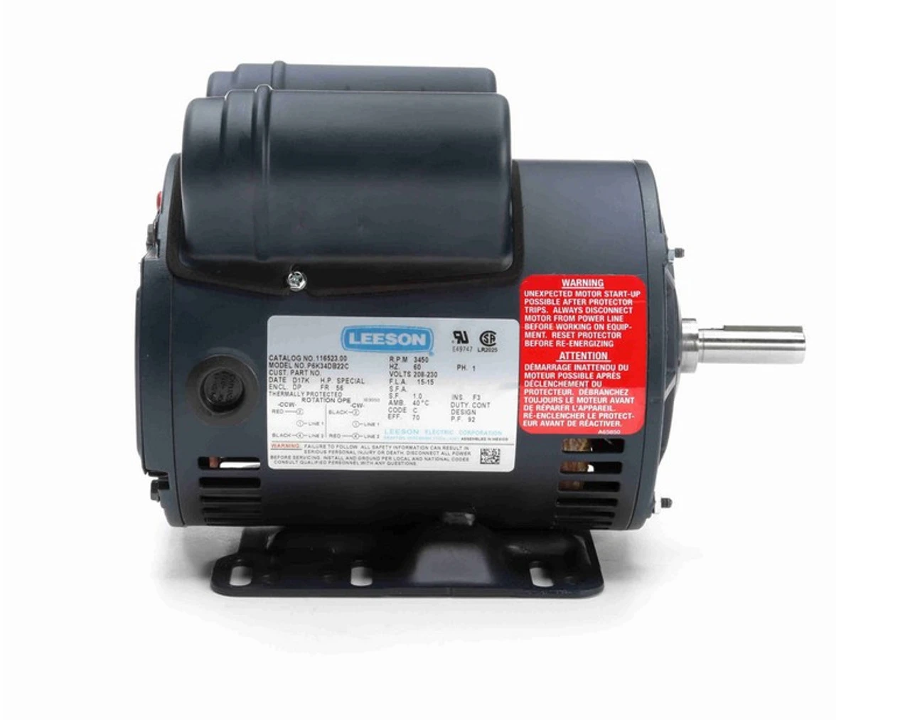 116523.00 Leeson 5 Hp 3600 RPM 208-230V 56 Frame (Rigid Base) ODP 1-Phase Compressor Motor - Image 3