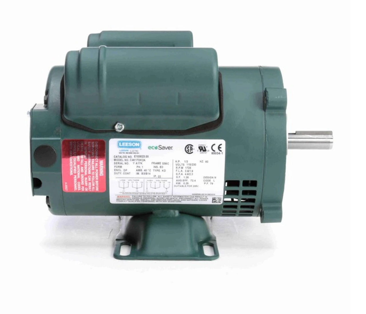E103023.00 Leeson 1/3 Hp 1800 RPM 115/230V 56C Frame ODP Rigid-Base C-Face Motor - Image 3