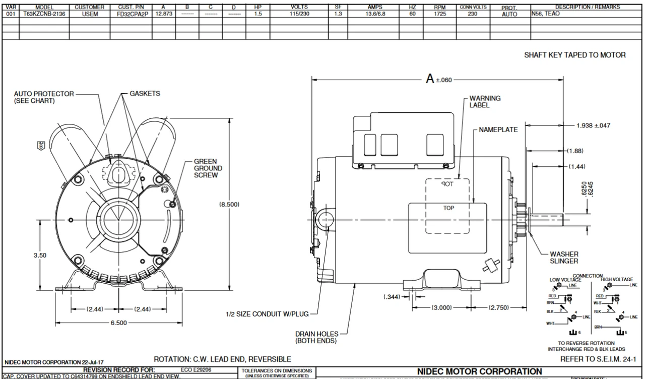 FD32CPA2P Nidec 1 1/2 HP 1800 RPM ( 1 Speed) 115/230V 56 Frame TEAO Farm Fan Motor - Image 2