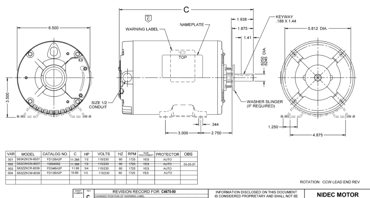 FD34BA2P Nidec 3/4 HP 1800 RPM ( 1 Speed) 115/230V 56 Frame TEAO Farm Fan Motor - Image 2