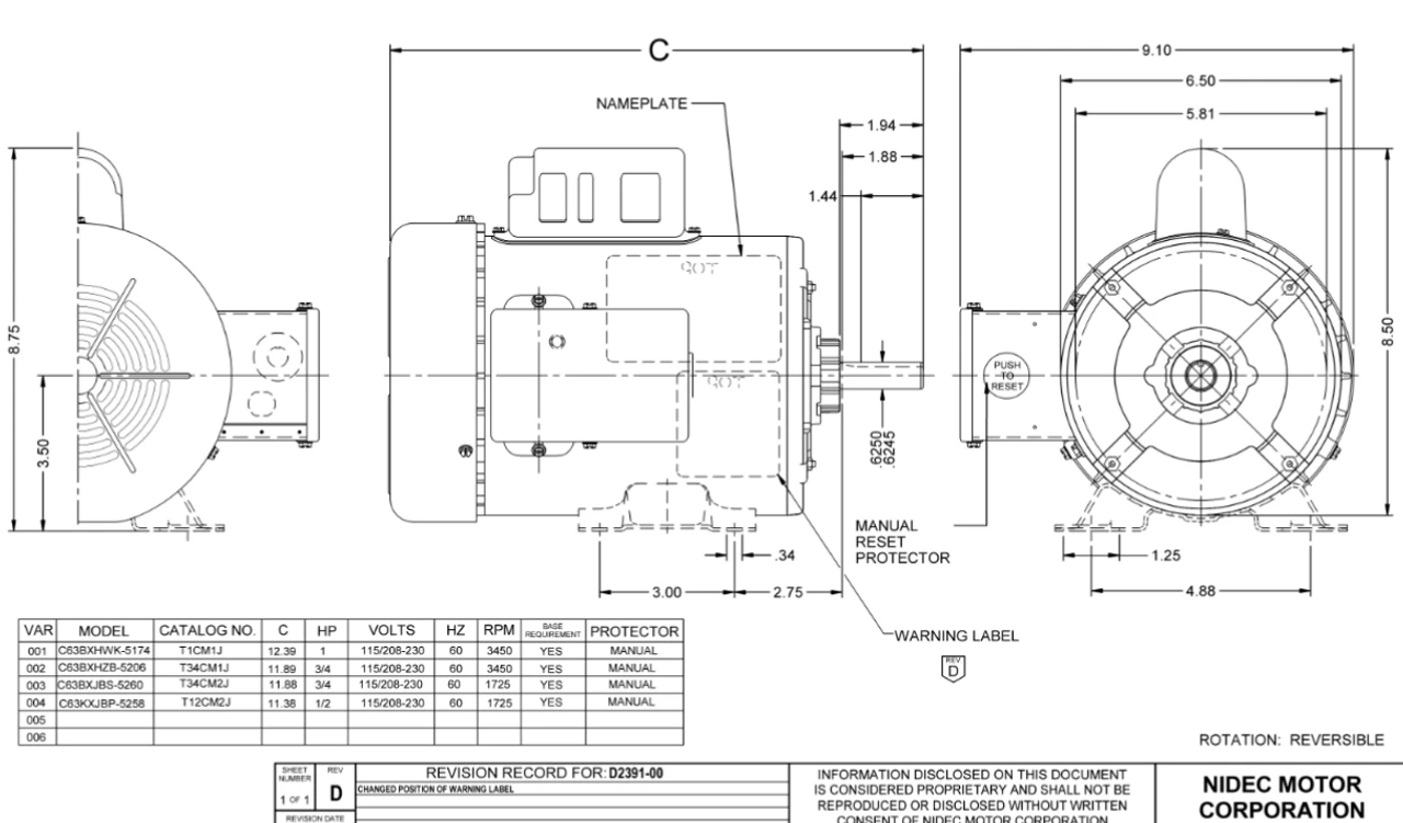 T34CM1J Nidec 3/4 Hp 3600 RPM 115/208-230V 56 Frame (Rigid Base) 1-Speed TEFC Cap Start Motor - Image 2