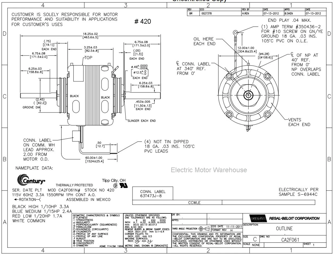 Model 420 Century 1/10 Hp 1550 RPM 3-Speed 4.4" Diameter 115V Century # 420 - Image 2