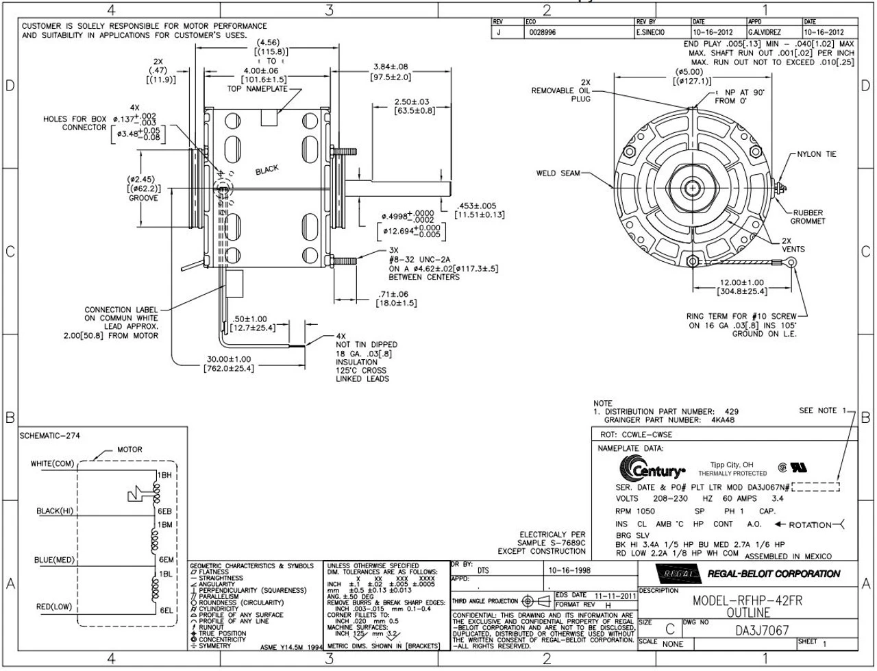 Model 429 Century 1/5 Hp 1050 RPM 3-Speed CW 5" Diameter 208-230V Century # 429 - Image 3