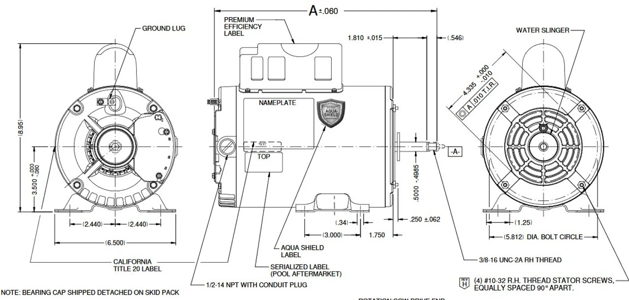 ASB503 US Motors 2 Hp 3450/1725 RPM 56 Frame 230V Thru-Bolt Pool-Spa Motor - Image 2