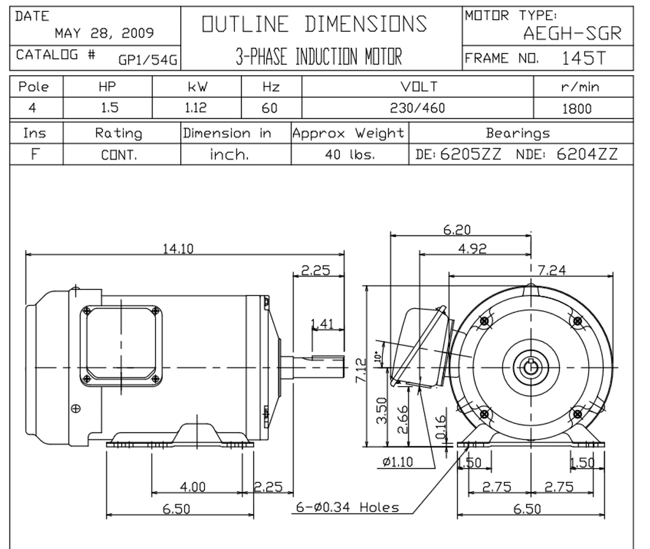 GP1/54G TECO Westinghouse SGR 1 1/2 Hp 1800 RPM 143/145TC Frame 230/460V TEFC 3-Phase Motor - Image 2