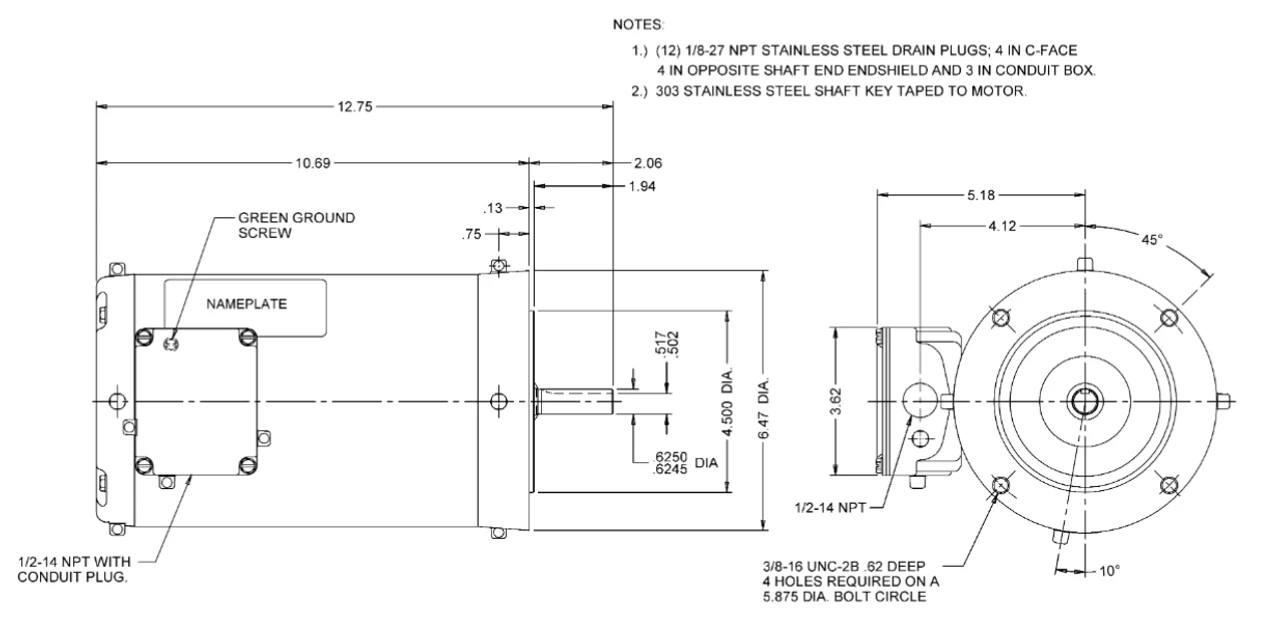 WDP1S3DCR Nidec 1 Hp 1200 RPM 56HC Frame (No Base) 208-230/460V TENV 3-Phase Washdown Motor - Image 2