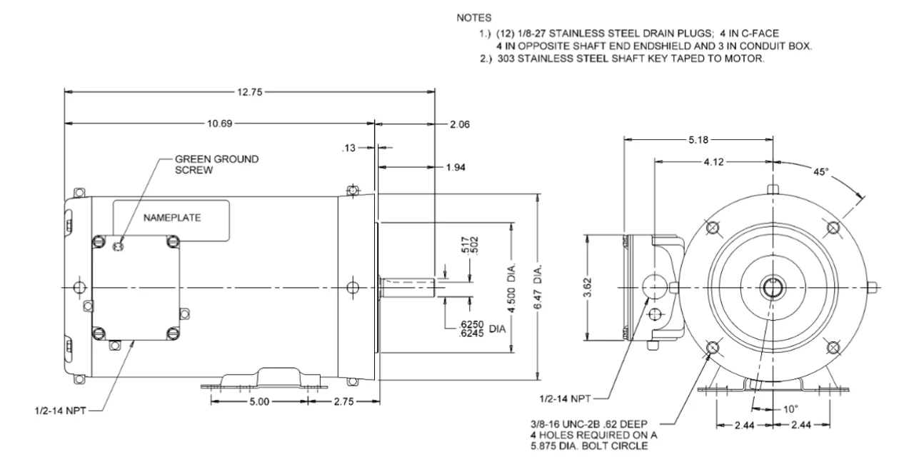 WDP34S2AHC Nidec 3/4 Hp 1800 RPM 56HC Frame (Rigid Base) 208-230/460V TENV 3-Phase Washdown Motor - Image 2