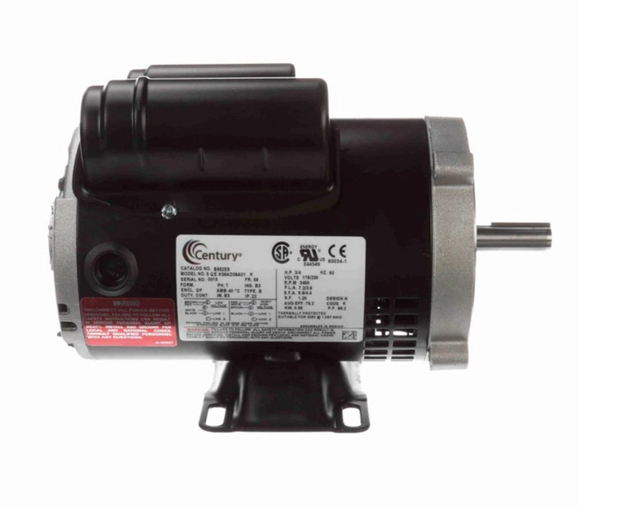 B652ES Century 3/4 Hp 3600 RPM 56C Frame ODP (rigid Base) 115/230V Motor - Image 3