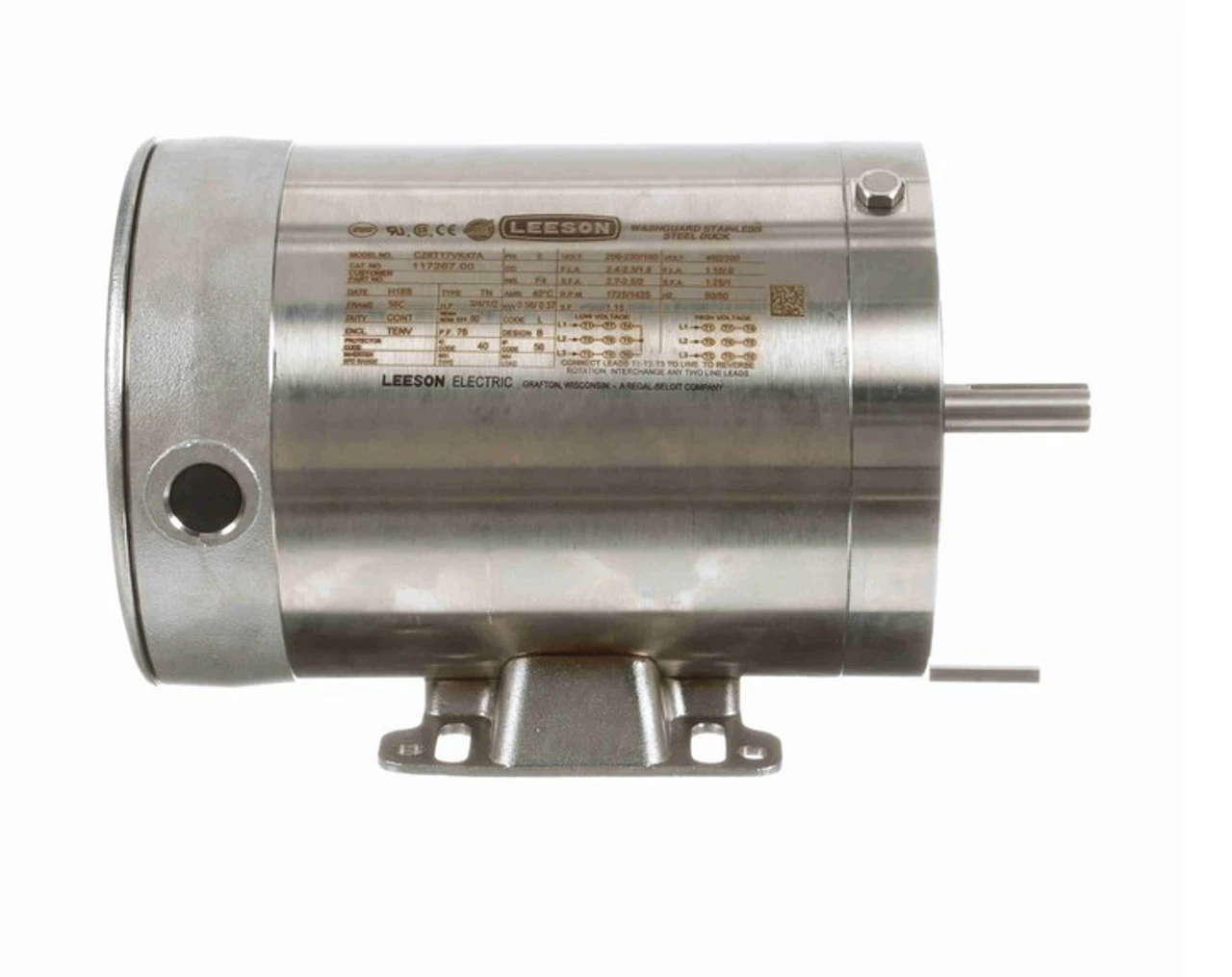 117267.00 Leeson 3/4 Hp 1800 RPM 208-230/460V 56C Frame (Rigid Base) TENV 3-Phase Premium-Stainless Wash-Down Motor - Image 3