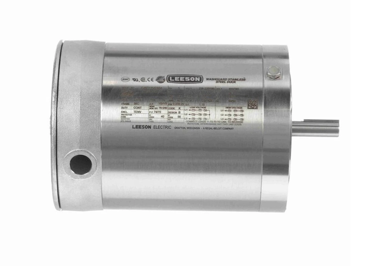117270.00 Leeson 1/2 Hp 1800 RPM 208-230/460V 56C Frame (No Base) TENV 3-Phase Premium-Stainless Wash-Down Motor - Image 3