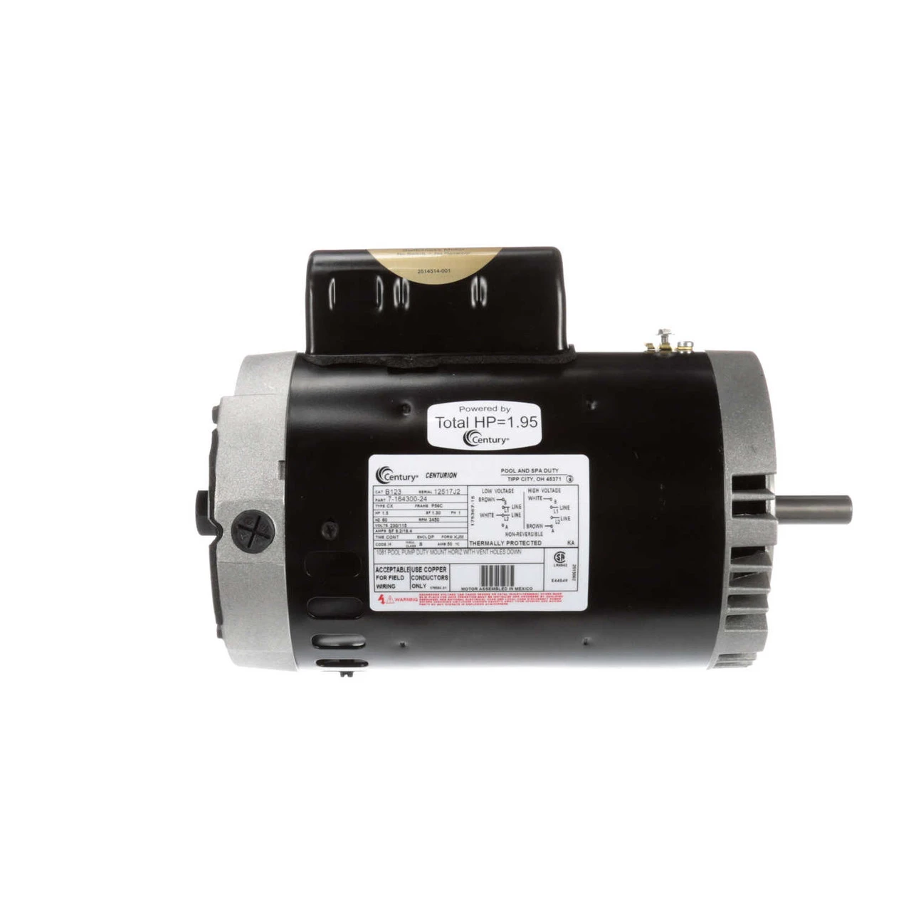 B123 Century 1.5 Hp 3450 RPM 56C Frame 115/230V Swimming Pool - Jet Pump Motor Century # B123 - Image 2