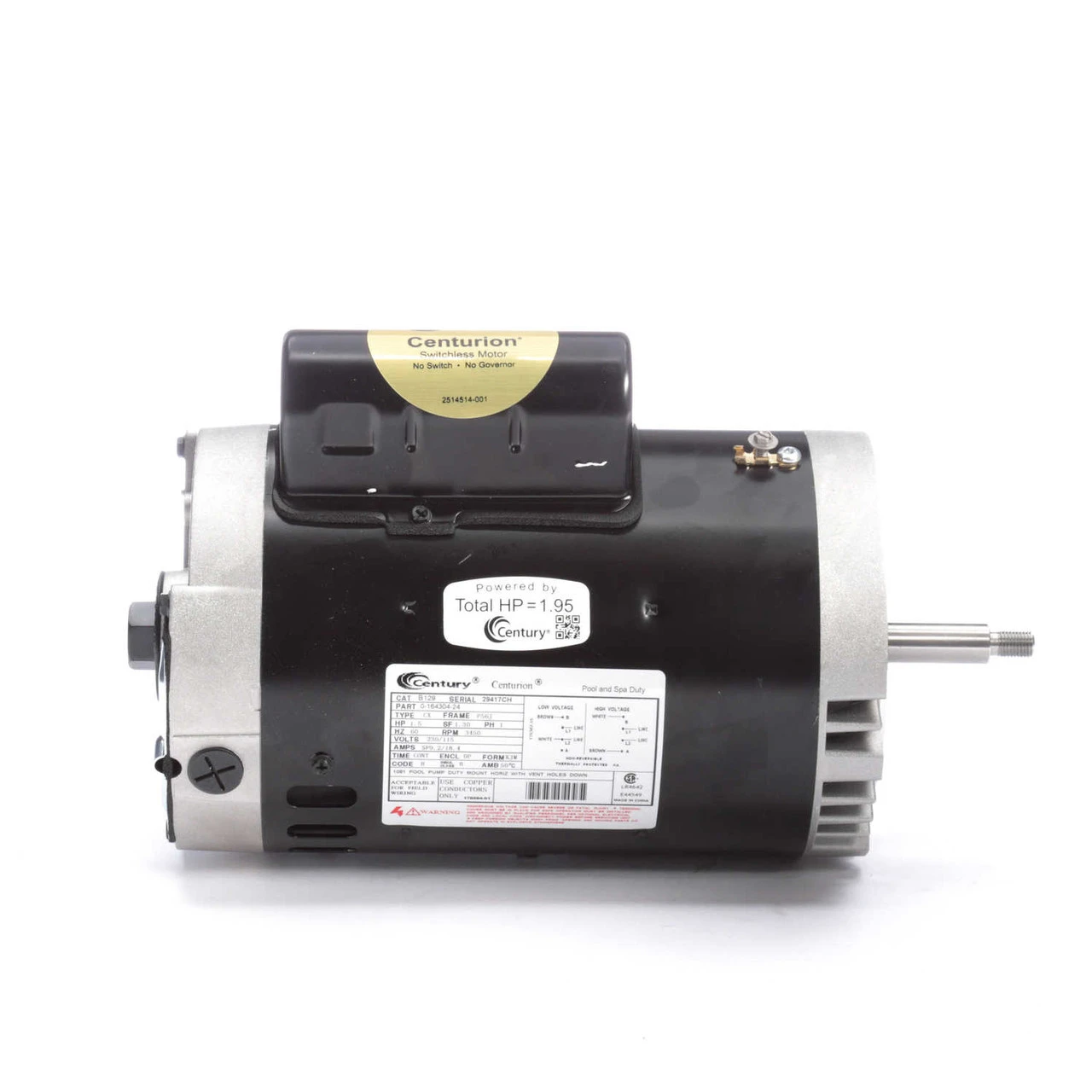 B129 Century 1.5 Hp 3450 RPM 56J Frame 115/230V Switchless Swimming Pool Pump Motor Century # B129 - Image 2