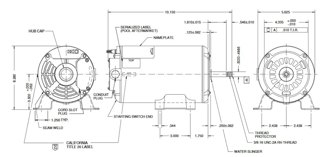 AGL75FL1 US Motors 3/4 Hp 3450 RPM 48 Frame 115V Thru-Bolt Pool-Spa Motor