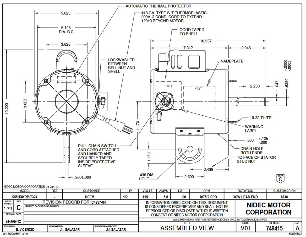 1838 Nidec | 1/2 Hp 1075 RPM 2-Speed 115V; 5.6" Yoke Mount Fan Motor - Image 2