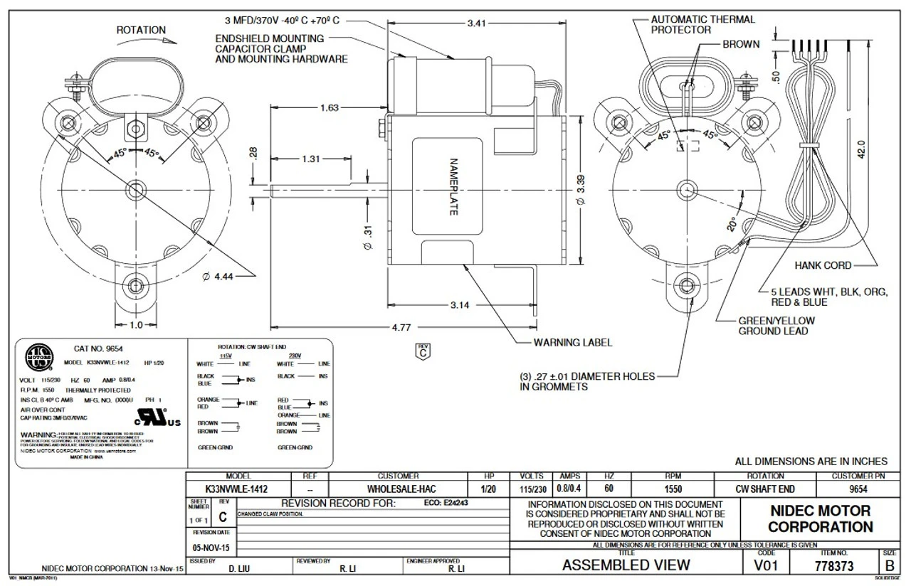 9654 Nidec | 1/20 Hp 1550 RPM 1-Speed 115V/230; 3.3" Evaporative Cooler Motor - Image 3