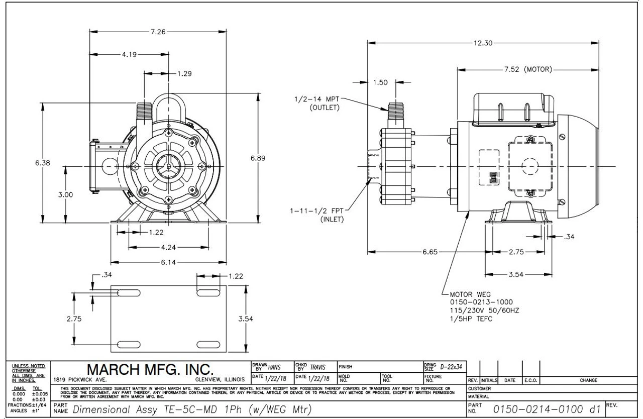 TE-5C-MD March Pump | 115/230V, 1" FPT Inlet - 1/2" MPT Outlet - Image 2