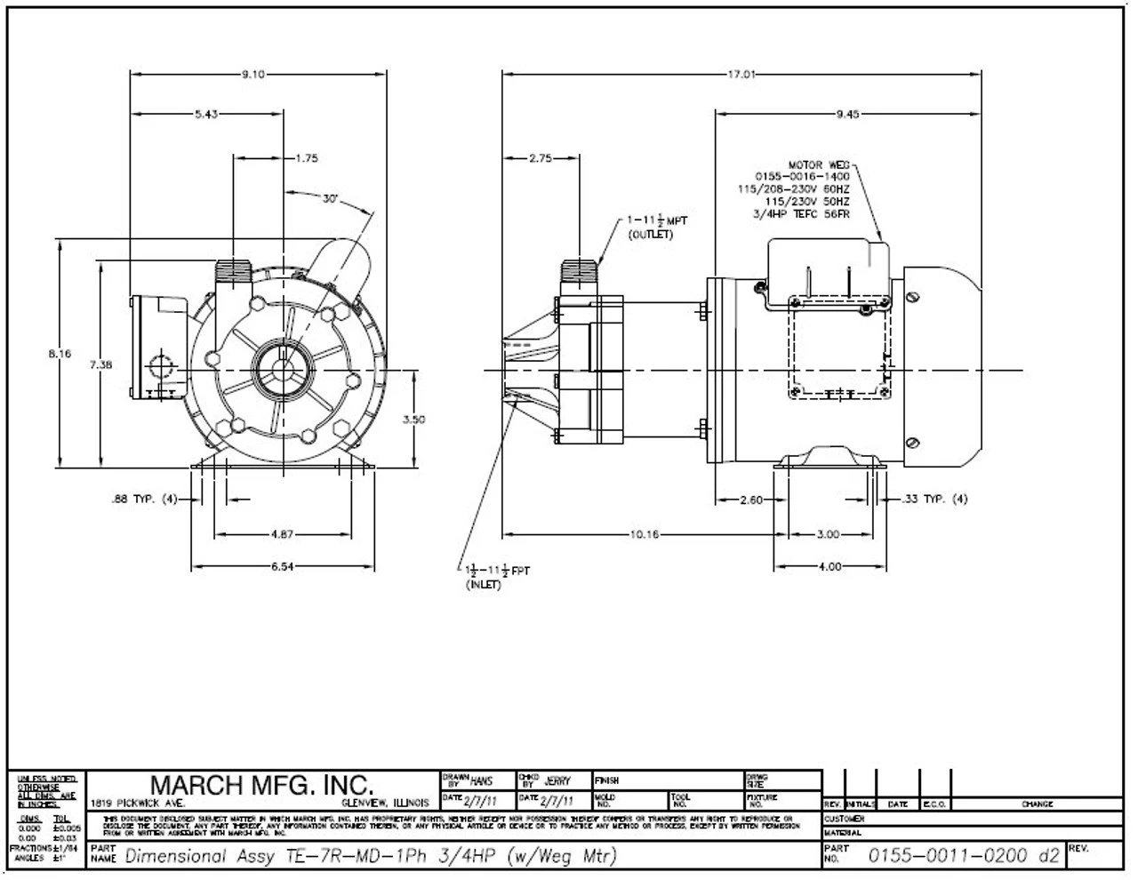 TE-7R-MD March Pump | 3/4 HP, 1.5" FPT Inlet - 1" MPT Outlet, 115/230V - Image 2