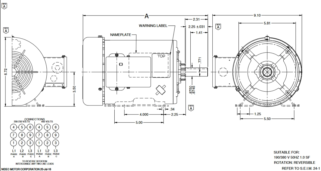 U3P1AHZ Nidec 3 Hp 3600 RPM 56H Frame 208-230/460V TEFC 3-Phase Electric Motor - Image 2