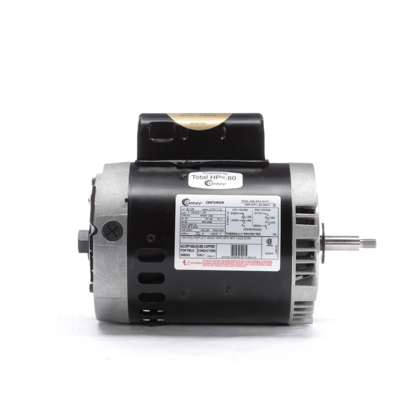 B126 Century 1/2 Hp 3450 RPM 56J Frame 115/230V Switchless Swimming Pool Pump Motor Century # B126 - Image 3