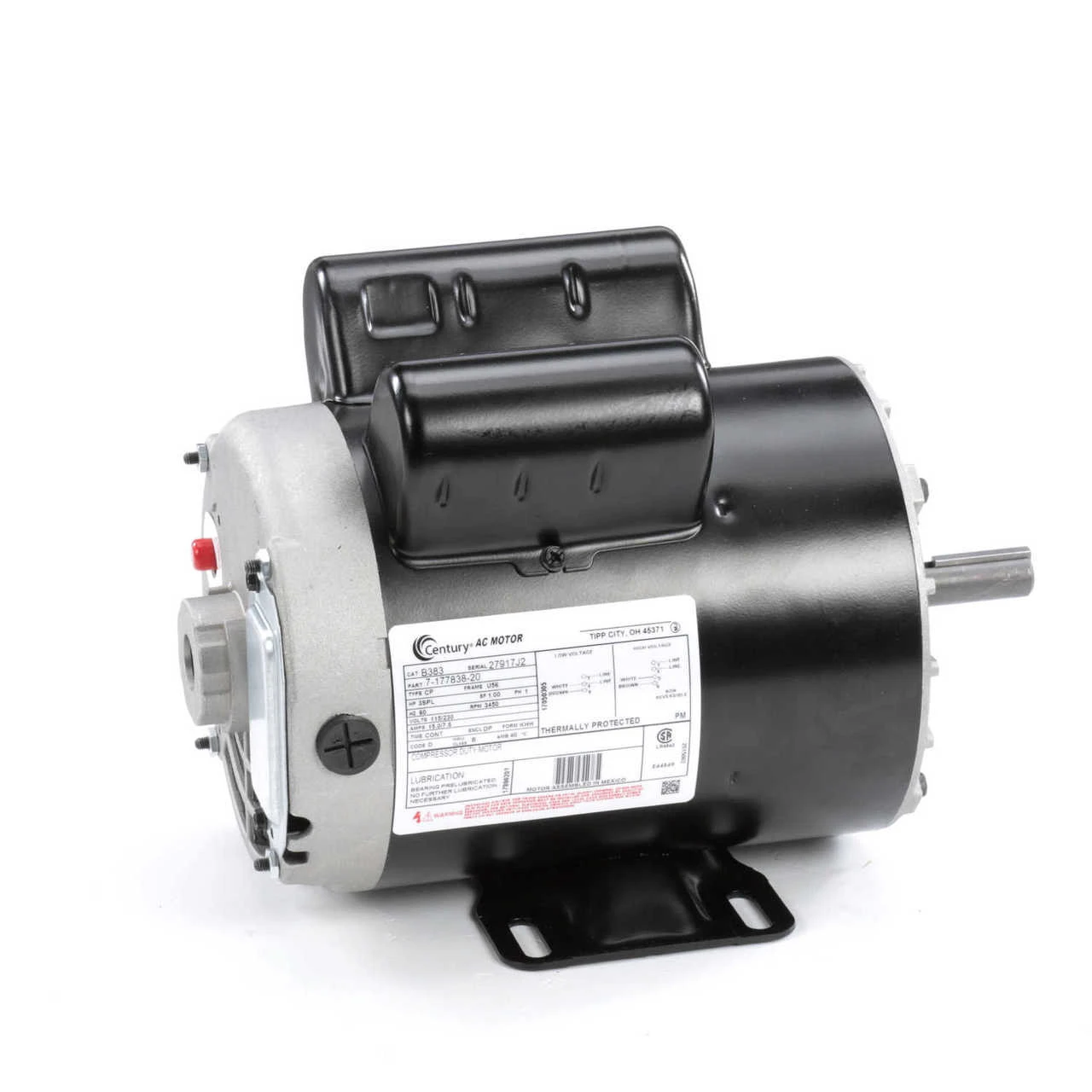 B383 Century 3 HP SPL 3450 RPM U56 Frame 115/230V Air Compressor Motor - Century # B383 - Image 2