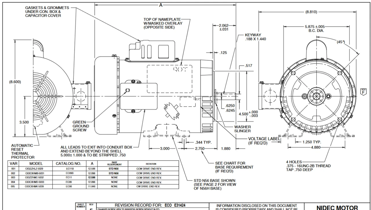 EC03B Nidec 1/2 Hp 3600 RPM 115/208-230V 56C Frame (Rigid Base) TEFC 1-Phase Electric Motor - Image 2