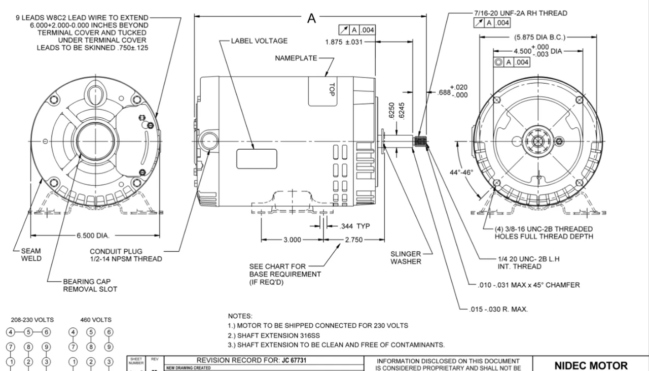 EE506B Nidec 1 HP 3600 RPM 3-Phase 208-230/460V 56J Frame (Rigid Base) ODP Special Pump Motor - Image 2