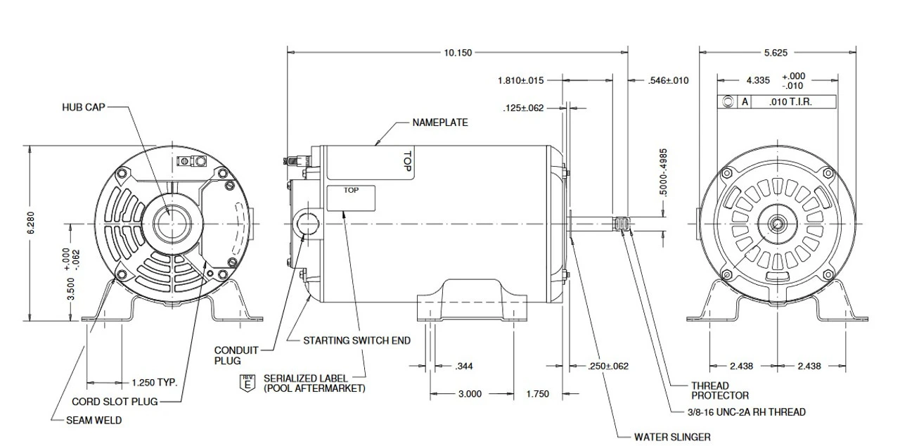 AGH75FL1 US Motors 3/4 Hp 3450 RPM 48 Frame 230V Thru-Bolt Pool-Spa Motor