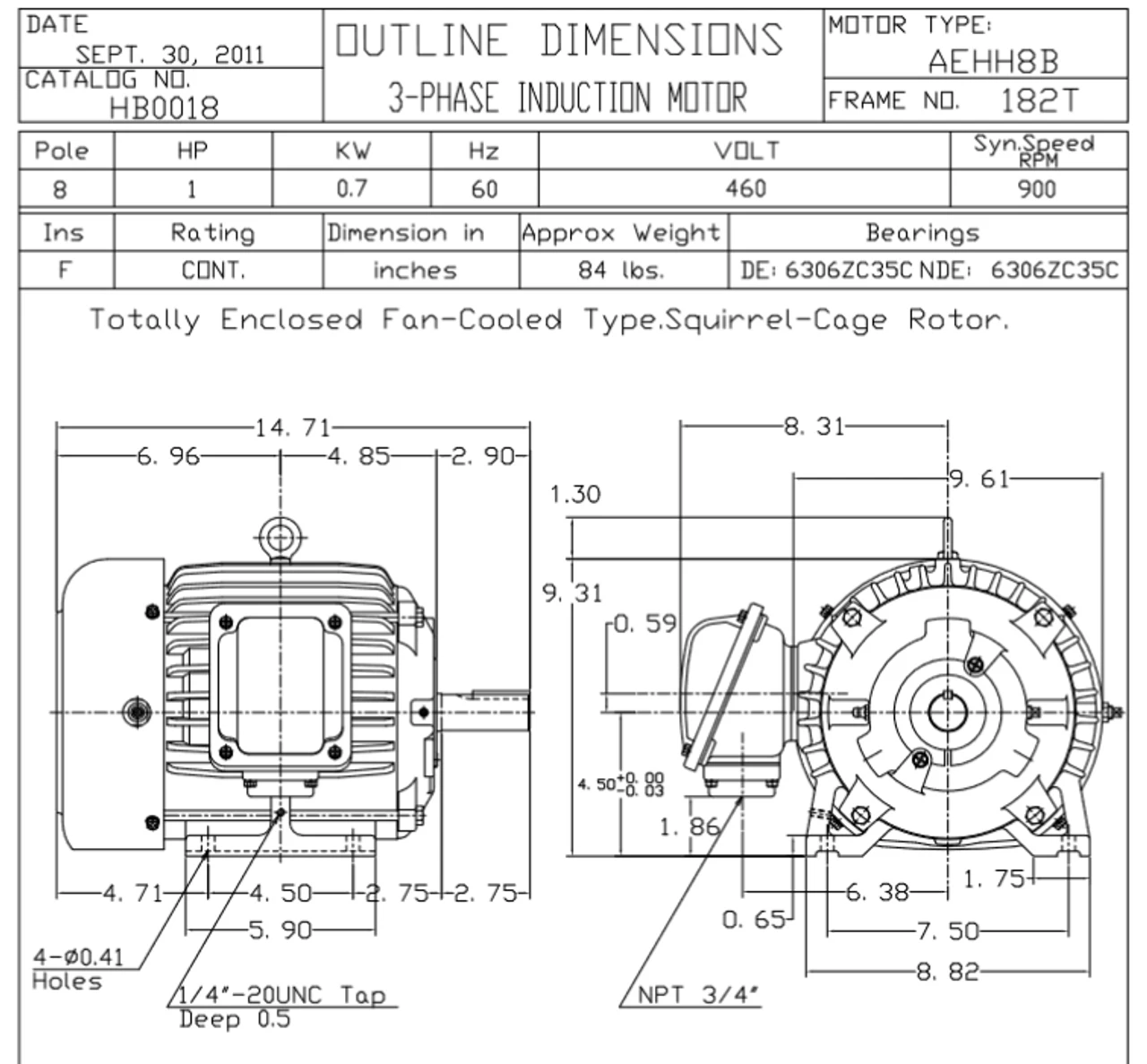 HB0018 TECO-Westinghouse 1 Hp 900 RPM 182T 460V TEFC Severe Duty Petro-Chem 3-Ph Motor - Image 2