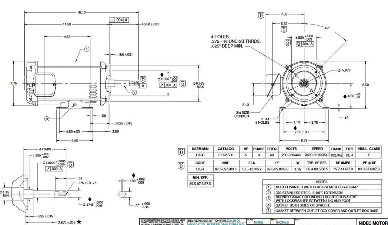 EEQK500 US Motors 5 Hp 3515 RPM 3-phase 182JMZ Frame 208-230V/460 Close-Coupled Pool Pump Motor (Pentair EQ 357068 Replacement) - Image 2