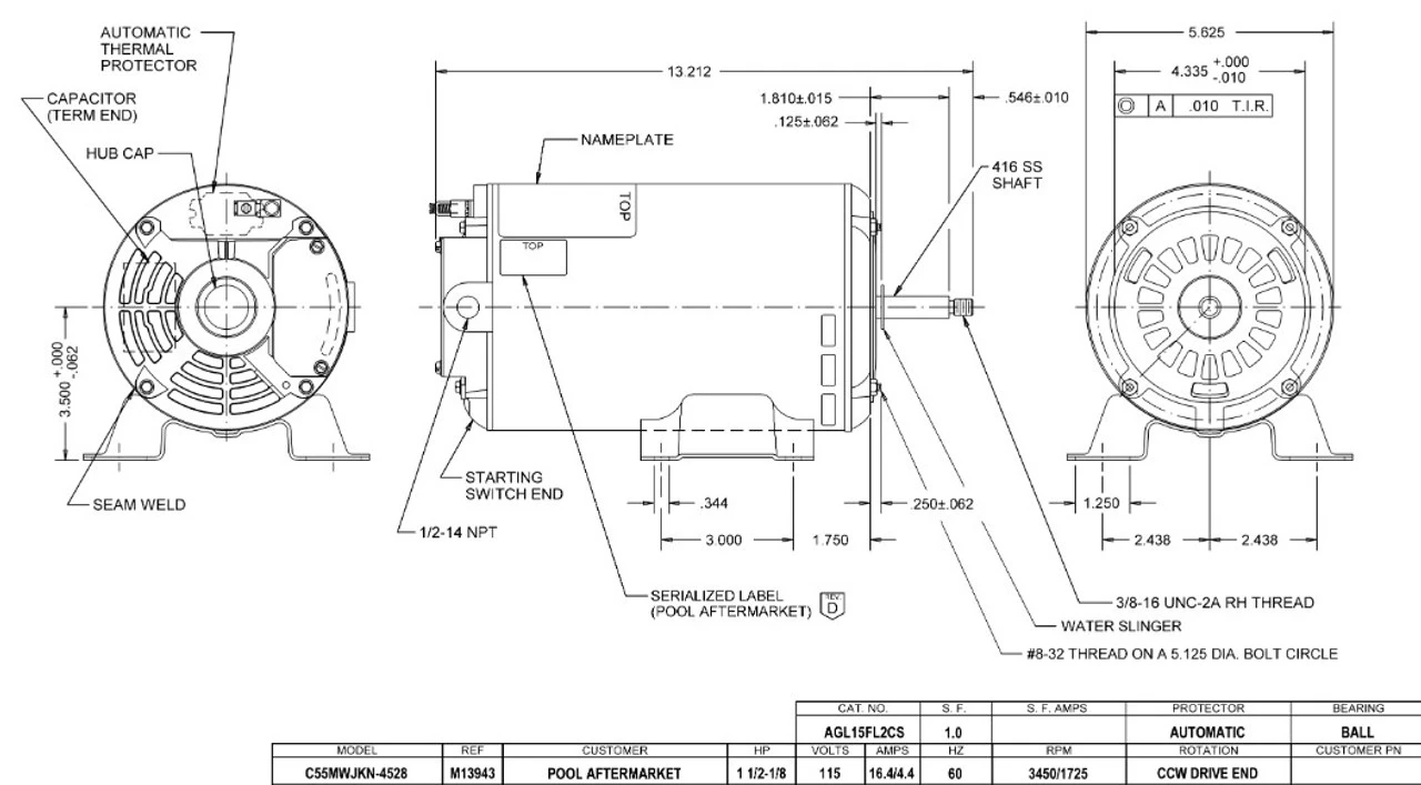 AGL15FL2CS US Motors 1 1/2 Hp 3450/1725 RPM 48 Frame 115V Thru-Bolt Pool-Spa Motor