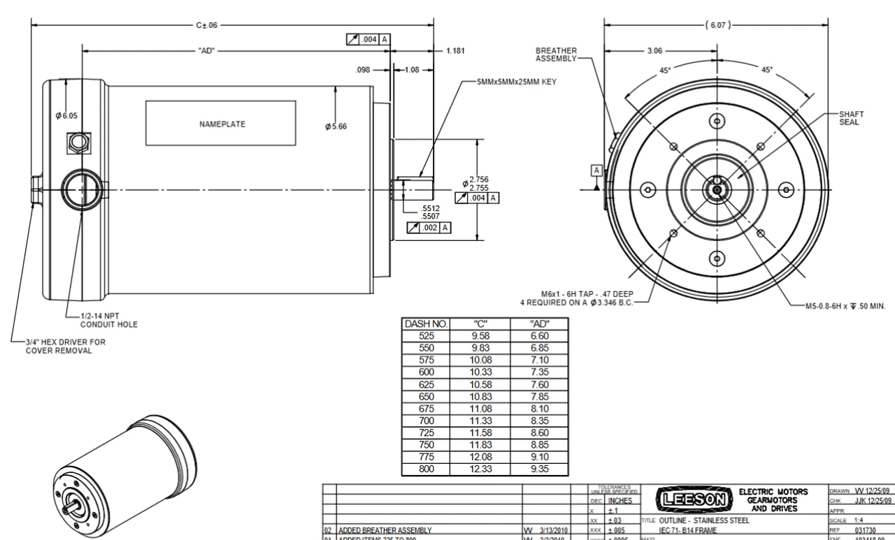 103396.00 Leeson 1/2 Hp (2 Spd) 3.7 KW 208-230/460V 1800 RPM 3-Phase 71 Frame B14 TENV (no Base) Motor - Image 3