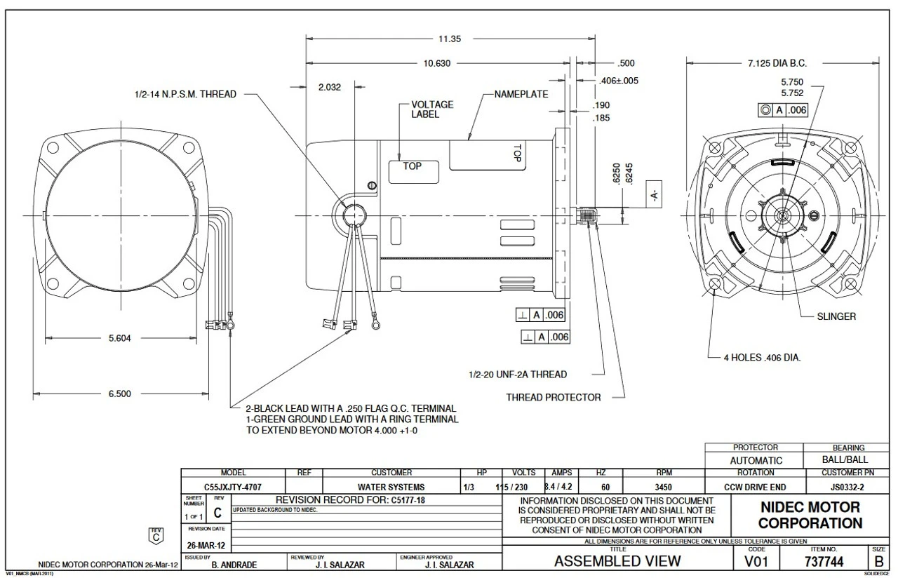 JS1502-2V US Motors 1 1/2 Hp 3450 RPM ODP 48Y 115/230V Jet (Non-Pool) Pump Motor - Image 2